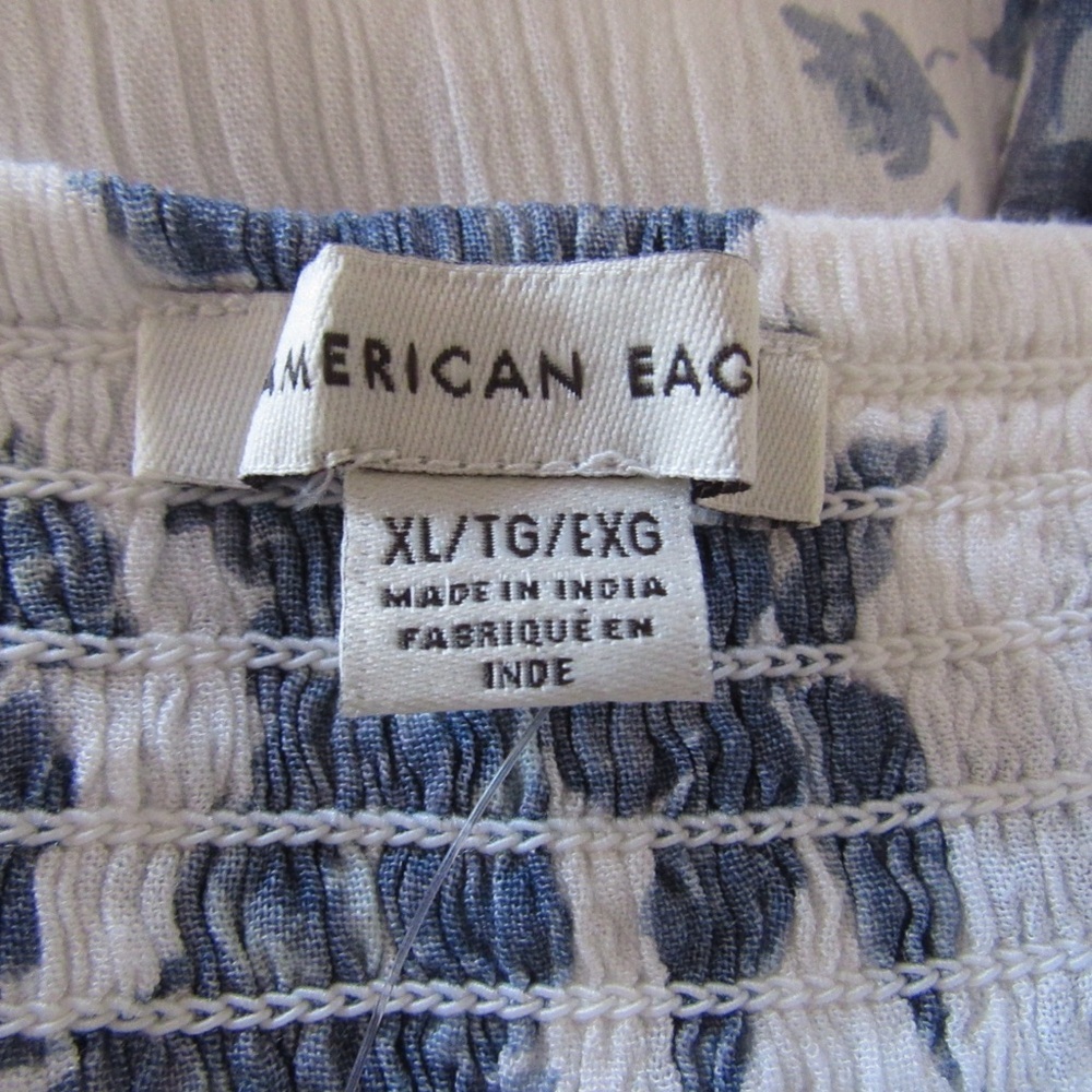 American Eagle Outfitters White Blue Floral Mini Dress XL Smocked Peasant Boho - Picture 11 of 11